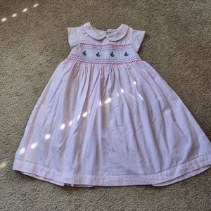 Pink Seersucker Dress with Sailboat Smocking